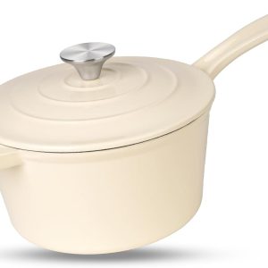 Cream-White Enameled Cast Iron Saucepan